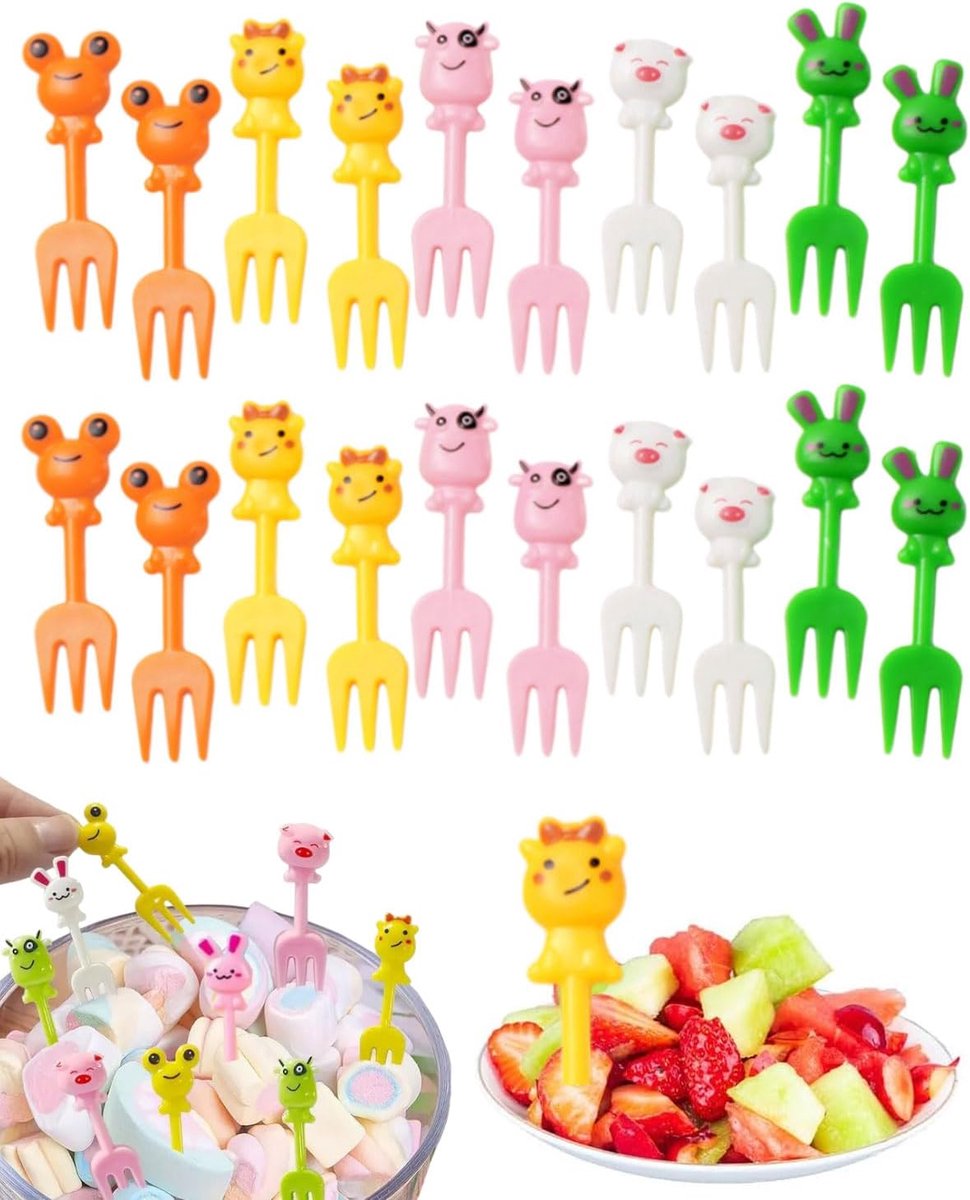 SnelShoppen - 20 Mini Cartoon Fruit Forks - Kindvriendelijke Tandenstokers voor Cake en Dessert - Veilig ABS Materiaal - Ideaal voor Kinderfeestjes en