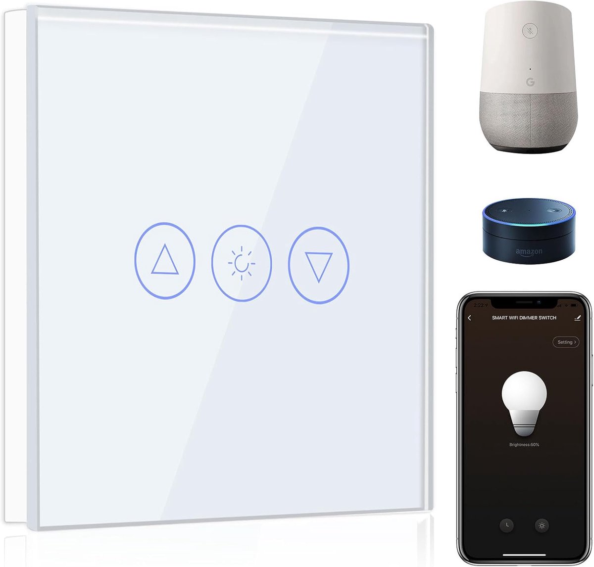 SnelShoppen - Smart Dimmer Switch WiFi 1 Weg, Dimbare Lichtschakelaar voor LED en Fluorescentie, Compatibel met Alexa en Google Home, Wit met Smart Li