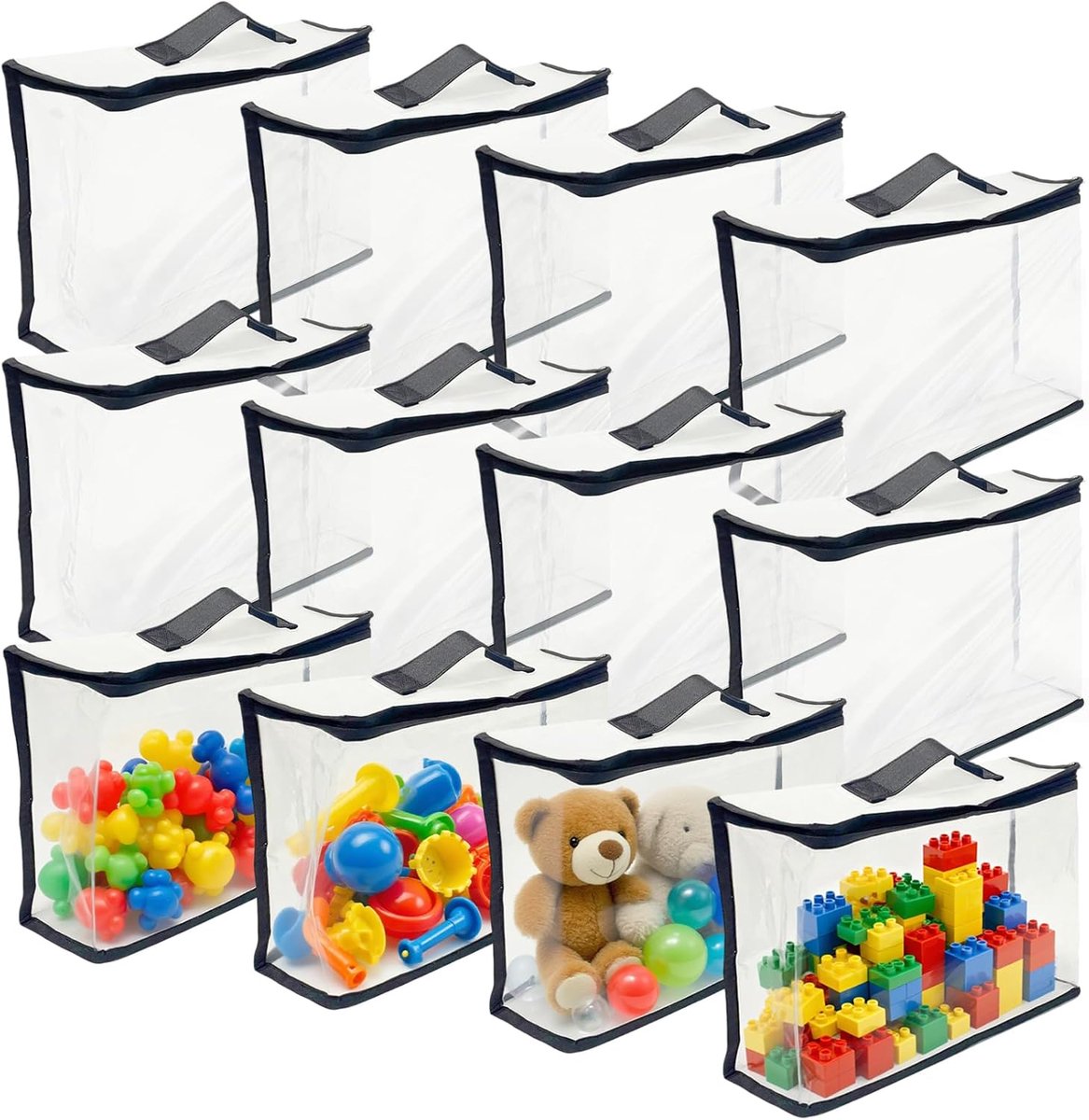 SnelShoppen - Pack van 12 PVC Speelgoedopbergtassen 32 x 31 x 8 cm, Waterdichte Toilettassen met Rits, Transparant voor Puzzels, Bouwstenen en Bad Spe
