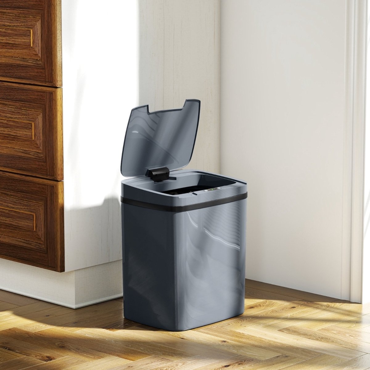 Sensorprullenbak 15L - Contactloos En Handmatig Openen - 27,6 x 21,4 x 33,5 Cm - Kunststof - Grijs - Voor Keuken, Badkamer En Bureau