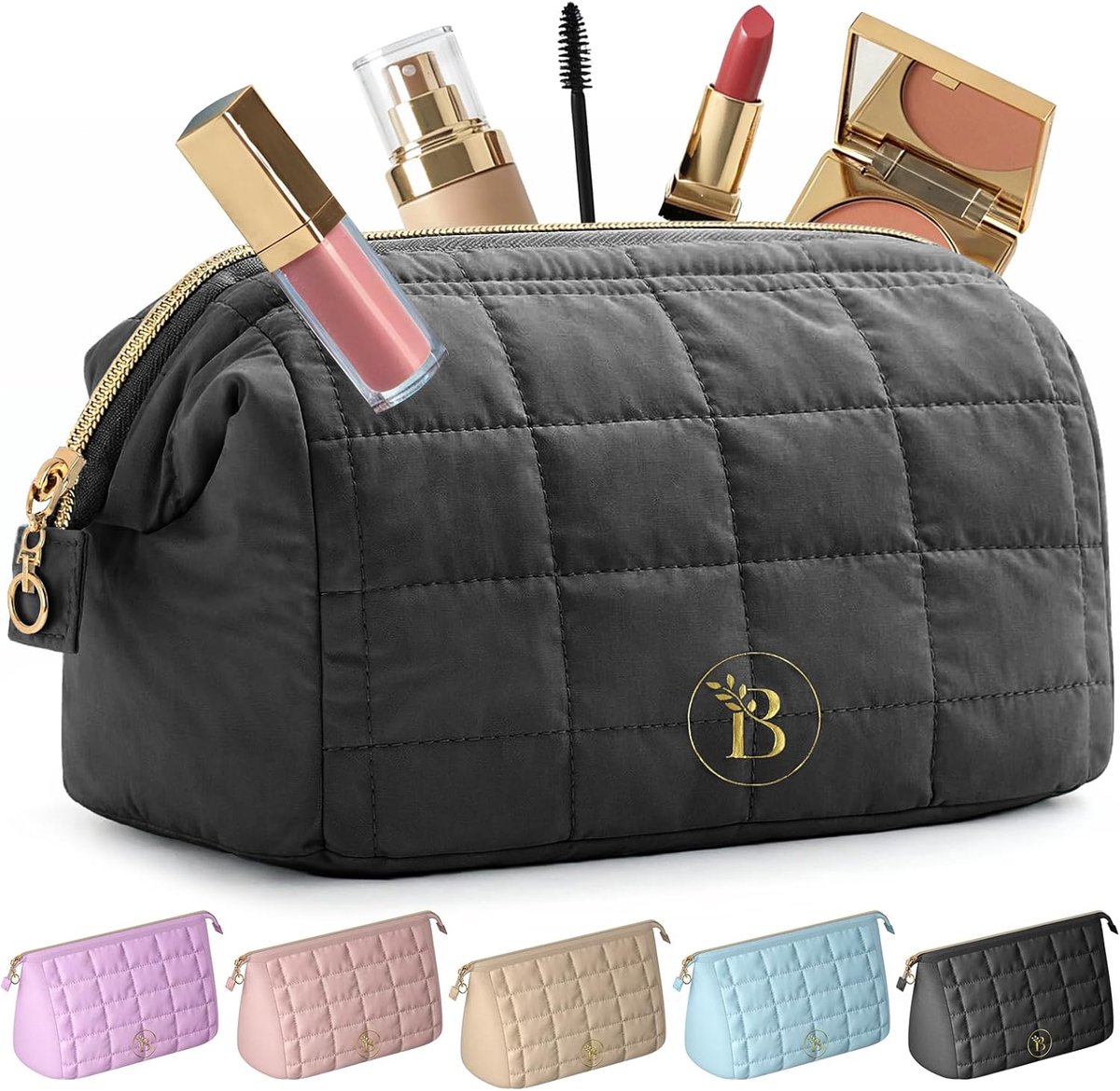 SnelShoppen - Dames Padded Cosmetic Bag - Reis Toilettas met Wijde Opening en Ritssluiting - Make-up Organizer - Zwart - 9" x 4.5" x 5.8" - Perfect vo