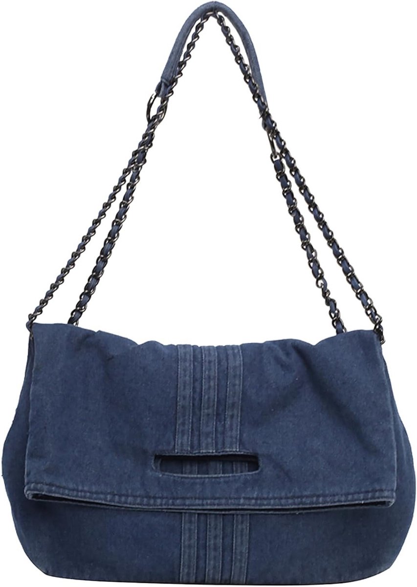 Retro denim schoudertas voor dames - Grote capaciteit crossbody tas in donkerblauw denim