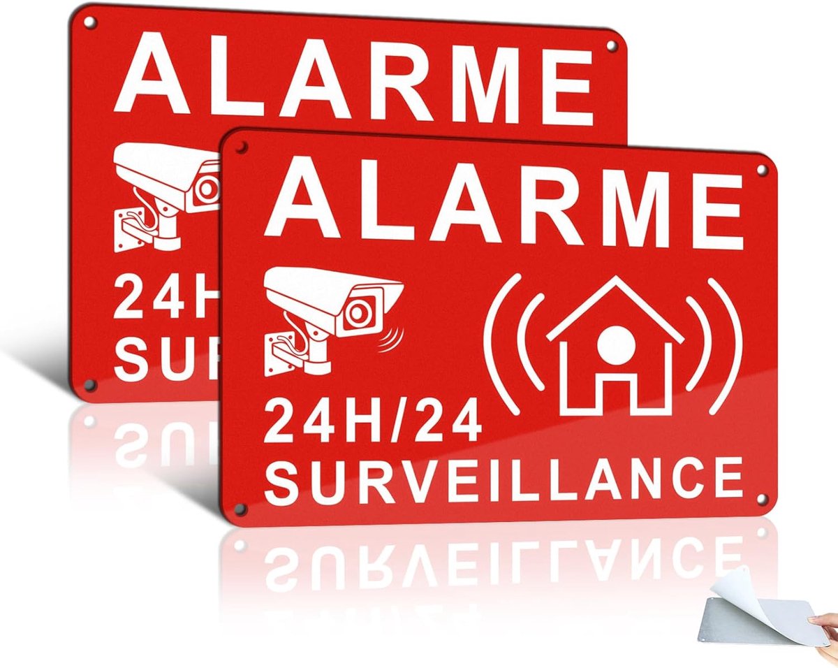 SnelShoppen - Alarm Paneel, Video Surveillance Sticker, Self-Adhesive, 22x15 cm, Aluminium, Reflectief, UV-Bestendig, Waterdicht, Rood, Set van 2