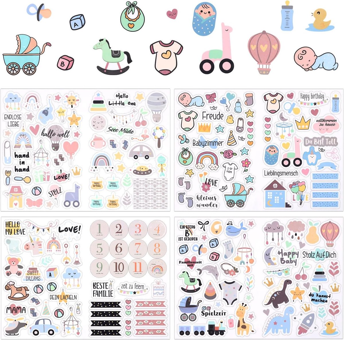 SnelShoppen - 4 Vel Scrapbook Stickers Baby, Diverse Patronen, Waterdicht PP Materiaal, Voor Baby Meisje en Jongens, Scrapbook Benodigdheden, Creatiev