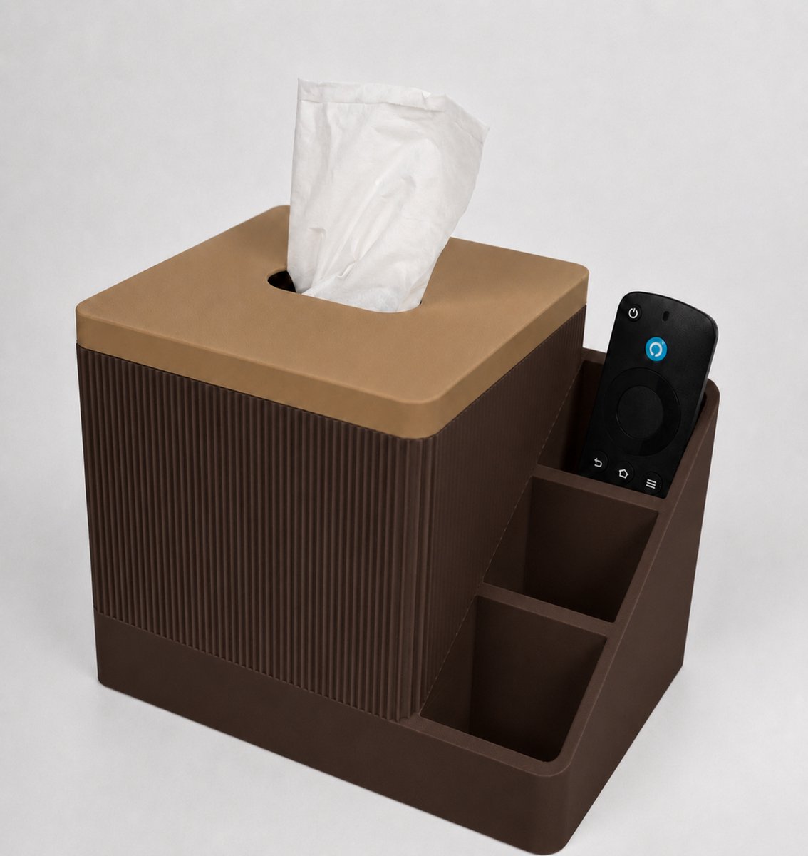 Tissuehouder met Organizer – Tissuedoos Houder met Opbergvakken en Afstandsbedieninghouder – Beige/Bruin