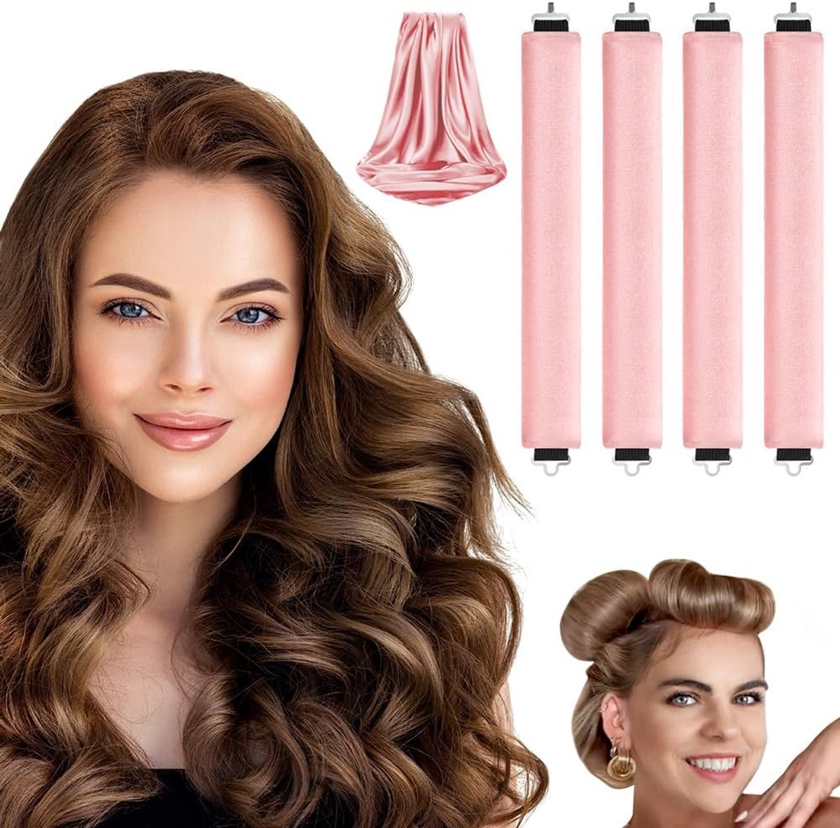 SnelShoppen - 4pcs Heatless Haar Krullers Set - Warmtevrije Krullen, Blowout Stokken, Hoofdband met Haar Sjaal, Zachte Haar Roller Bars met Haak, Idea