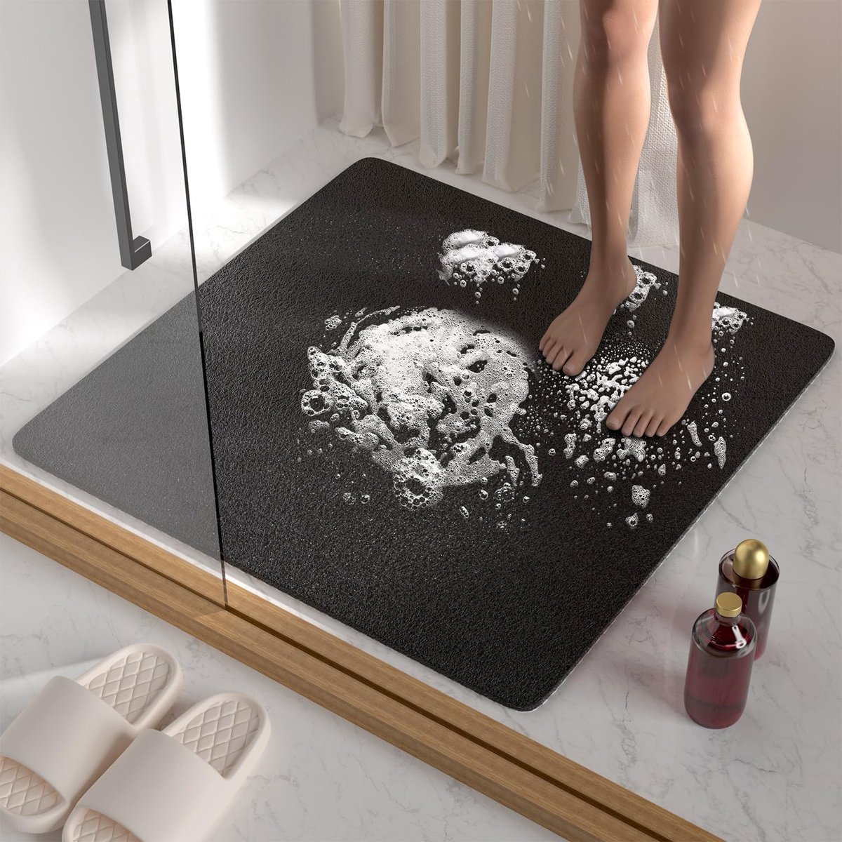 SnelShoppen - Non-slip Douchematt, 68 x 68 cm, Antislip Badmat voor Badkamer met Afvoer, Zachte PVC Loofah Badmat, Sneldrogend, Zwart