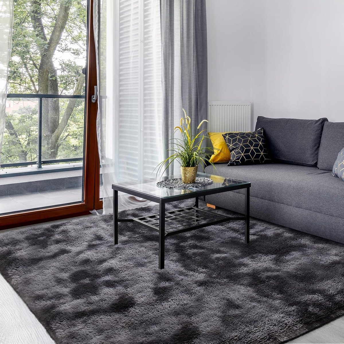 SnelShoppen - Wasbare Donkergrijze Hoogpolige Tapijt 120x180cm, Antislip Pluche Vloerkleed voor Woonkamer, Slaapkamer & Kinderkamer, Tie-Dye Design