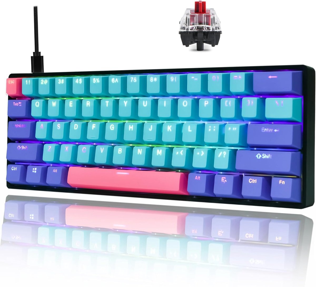 SnelShoppen - 60% Wired Mechanisch Gaming Toetsenbord - RGB Verlichting - NKRO Functioneel Toetsenbord - Programmeerbare Macro Toetsen - 61 Toetsen Ho