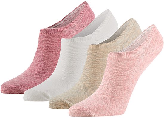 Vier paar no-show sokken in pastelkleuren: roze, wit en beige.