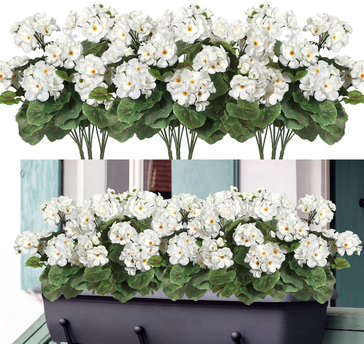 SnelShoppen - Kunstbloemen Geranium, 6 Bundels UV-bestendig Kunstmatige Bloemen voor Tuin, Balkon, Vensterbank Decoratie, Wit, Hoogwaardige Zijde