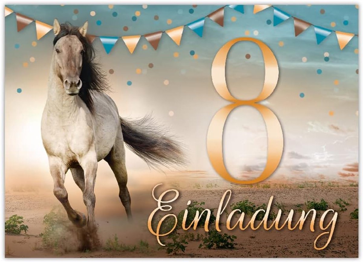 SnelShoppen - 12 Uitnodigingskaarten 8e Verjaardag Meisje Paard Thema - 300g/m2 - Perfect voor Kinderfeestje - Voorgedrukte Informatievelden