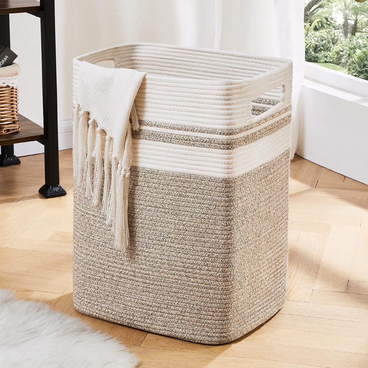 SnelShoppen - Wasmand Katoen - Handgemaakte Opbergmand met Handvatten - Decoratieve Mand voor Woonkamer, Speelkamer, Babykamer - Vouwbare Grote Mand v