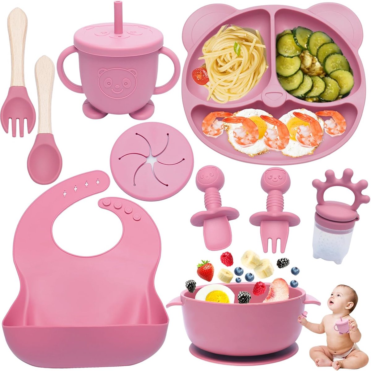 SnelShoppen - 10-delige Silicone Baby Servies Set - Kindertafelgerei met Zuignap - Baby Bord, Kom, Bib, Lepel, Vork, Drinkbeker - Roze