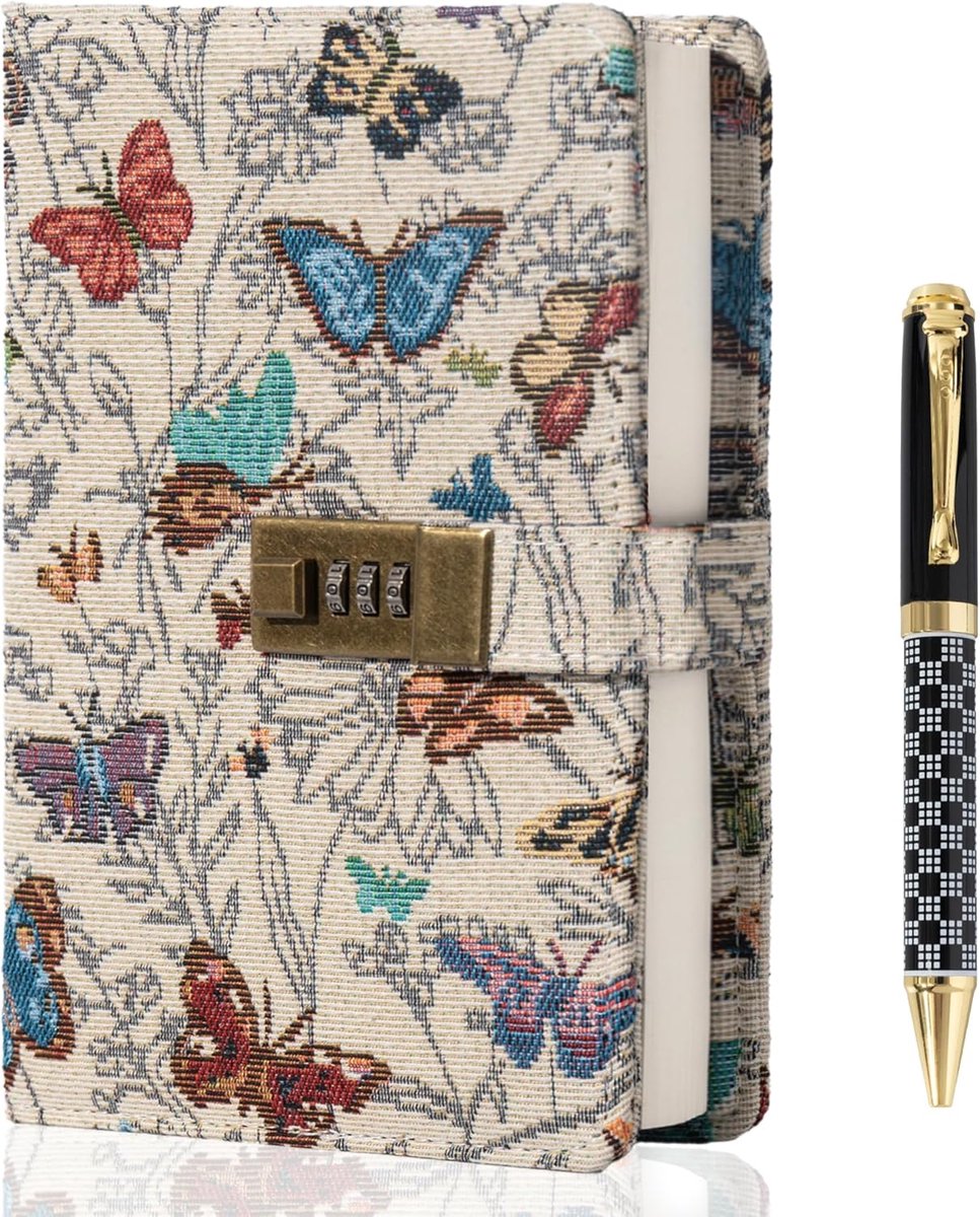 SnelShoppen - Aesthetic Lined Diary met Slot - Hardcover Notitieboek met Pen - Geborduurde Stofomslag - Perfect voor Dagboekschrijven en Plannen - Voo