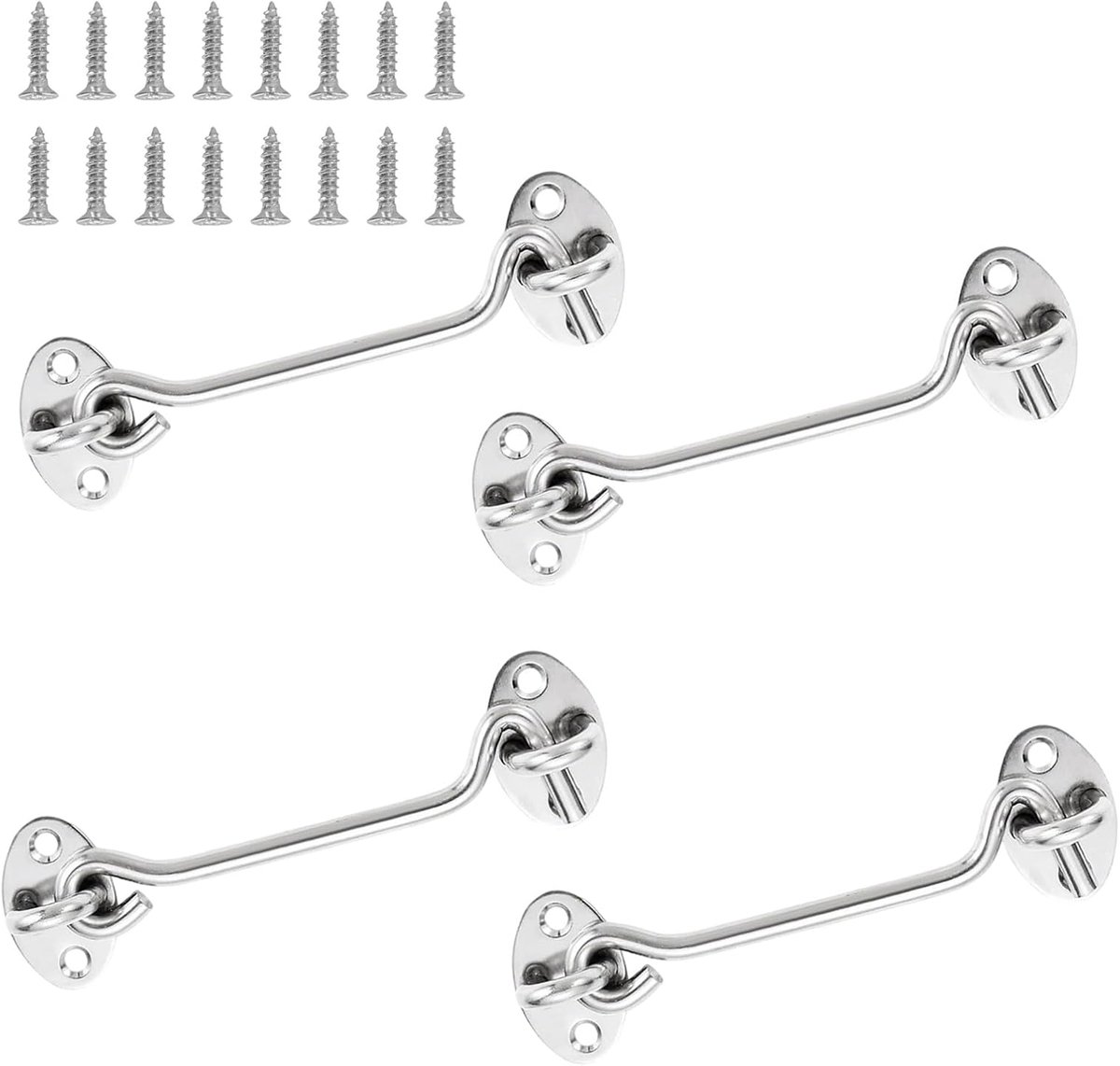 SnelShoppen - 4 Pcs RVS Deursluitingen met Oog, Stalen Deursluitingen, RVS Deur- en Raamhaak, Stormhaak voor Huis, Tuin en Schuur - Zilver