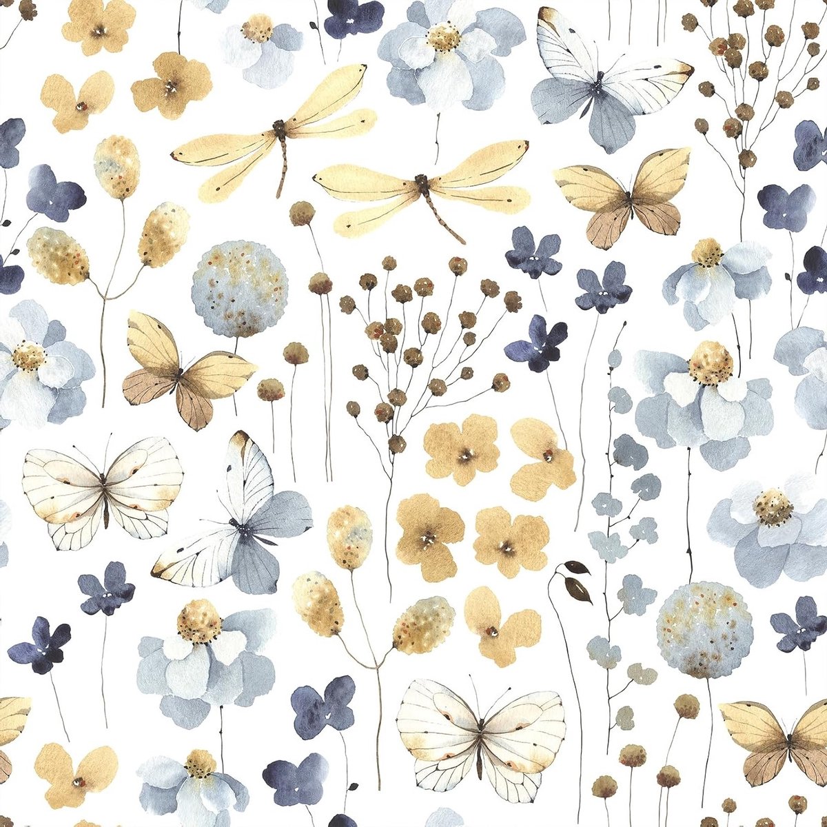 Vintage Watercolor Vlinders en Libellen Bloemenbehang - Verwijderbaar en Plakbaar Patroon voor Slaapkamer, Badkamer en Kasten - 17.5"x118