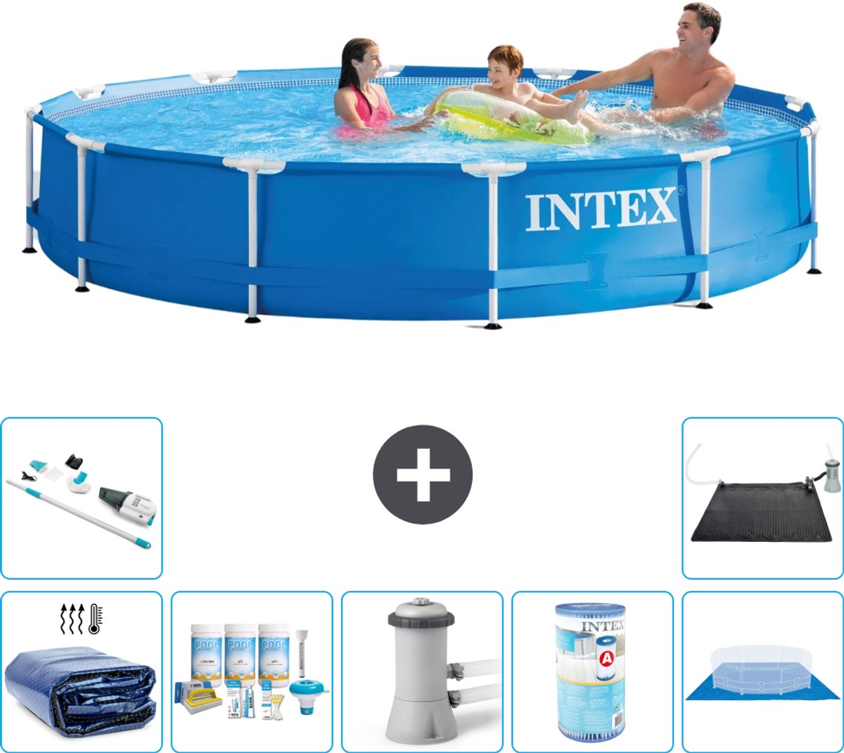 Intex Rond Frame Zwembad - 366 x 76 cm - Blauw - Inclusief Solarzeil - Onderhoudspakket - Zwembadfilterpomp - Filter - Grondzeil - Stofzuiger - Solar Mat - 8-delig