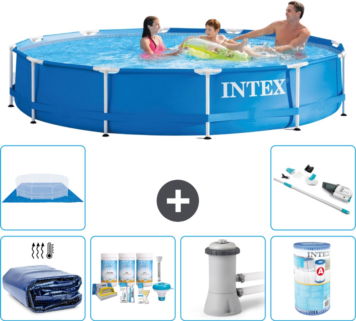 Intex Rond Frame Zwembad - 366 x 76 cm - Blauw - Inclusief Solarzeil - Onderhoudspakket - Zwembadfilterpomp - Filter - Grondzeil - Stofzuiger - 7-delig