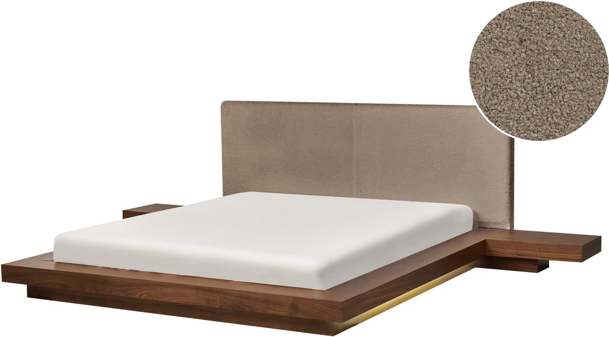 ZEN - Tweepersoonsbed met LED - Bruin/Taupe - 160 x 200 cm - Bouclé