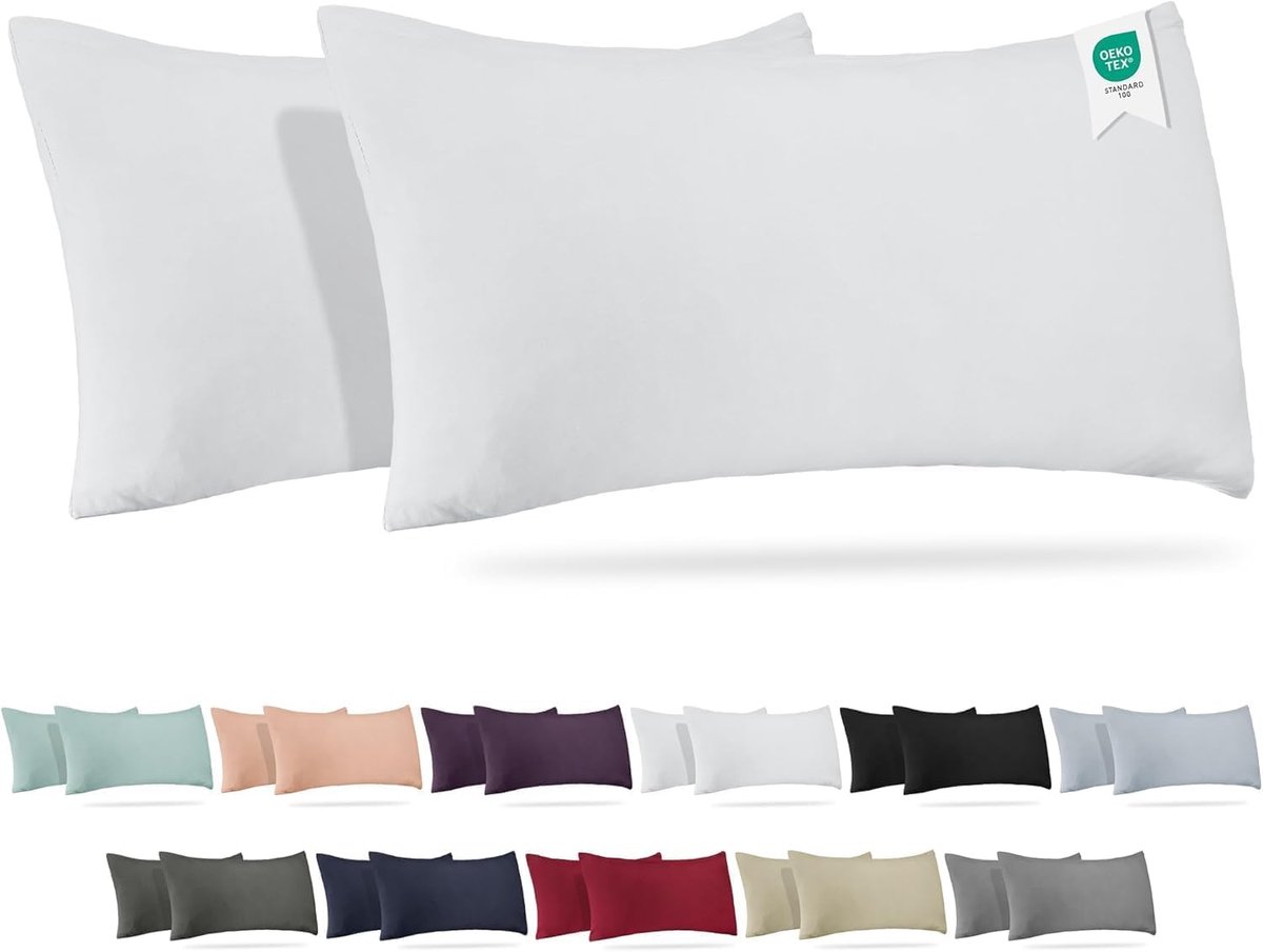 SnelShoppen - Katoenen Kussenhoezen 40 x 80 cm, Wit, Oeko-Tex Gecertificeerd, Zachte Jersey Kussenslopen met Rits voor Slaapkamer en Woonkamer