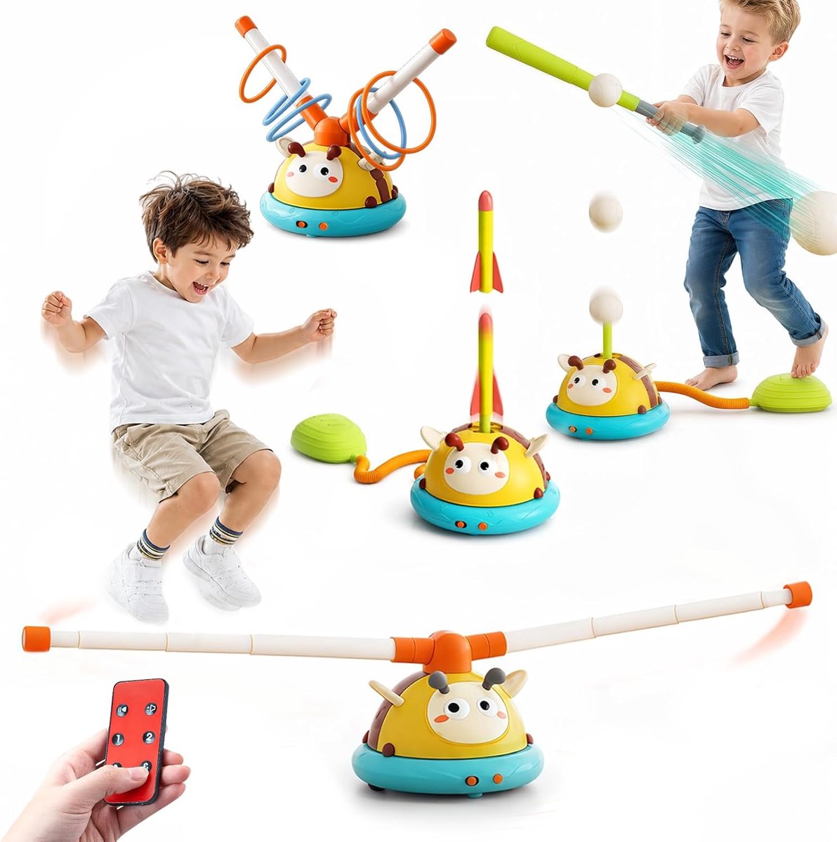 SnelShoppen - 4-in-1 Outdoorspellen voor Kinderen, Tuinspeelgoed met Pedalen, Ringwerpspel, Raketstarter, Geschikt voor Buiten en Feesten, Voor Kinder