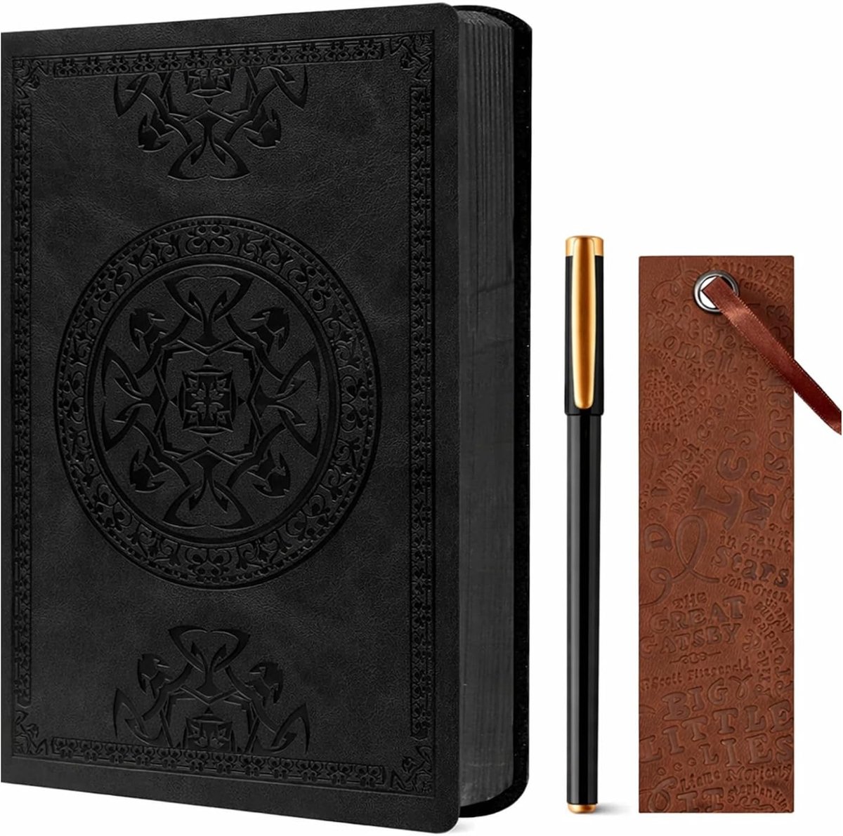 SnelShoppen - A5 Leren Notitieboek, 288 Pagina's, Pen en Boektasje, Gevoegd Leer Journal voor Schrijven, Reizen, Zakelijk en Kantoor (Zwart)