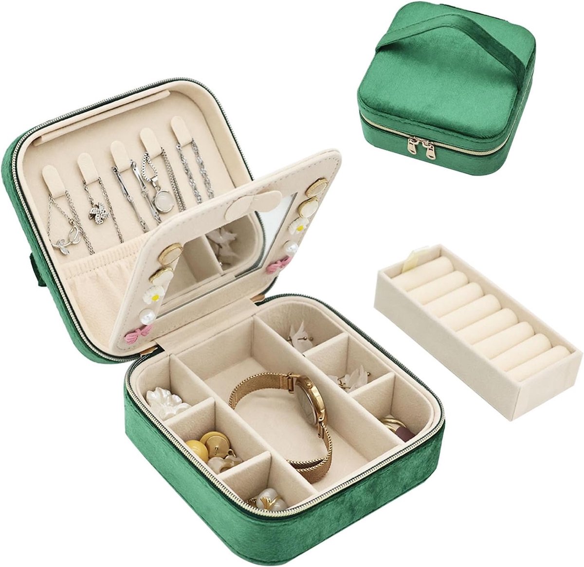 SnelShoppen - Velvet Travel Jewelry Box Organizer met Spiegel voor Ringen, Oorbellen, Halskettingen en Armbanden - Donkergroen - Compact en Draagbaar