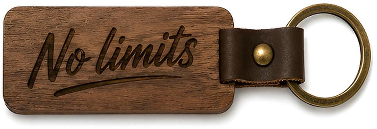 Houten Sleutelhanger "No limits" - Met Gravure - Hout & PU Leer - 10 cm - Motivatie Cadeau Man / Sporter / Ondernemer