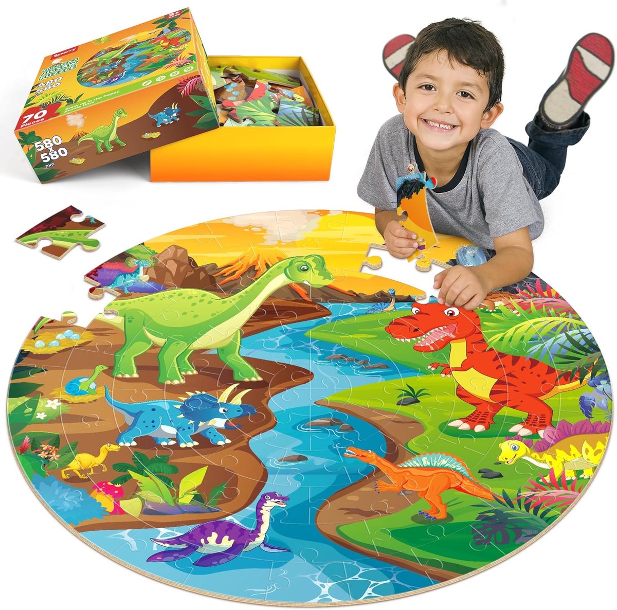 SnelShoppen - Dinosaur Puzzels voor Kinderen 4-8 Jaar, 70-Delige Jumbo Ronde Vloerpuzzels, Educatieve Dino Puzzels voor Peuters en Kleuters met Cadeau