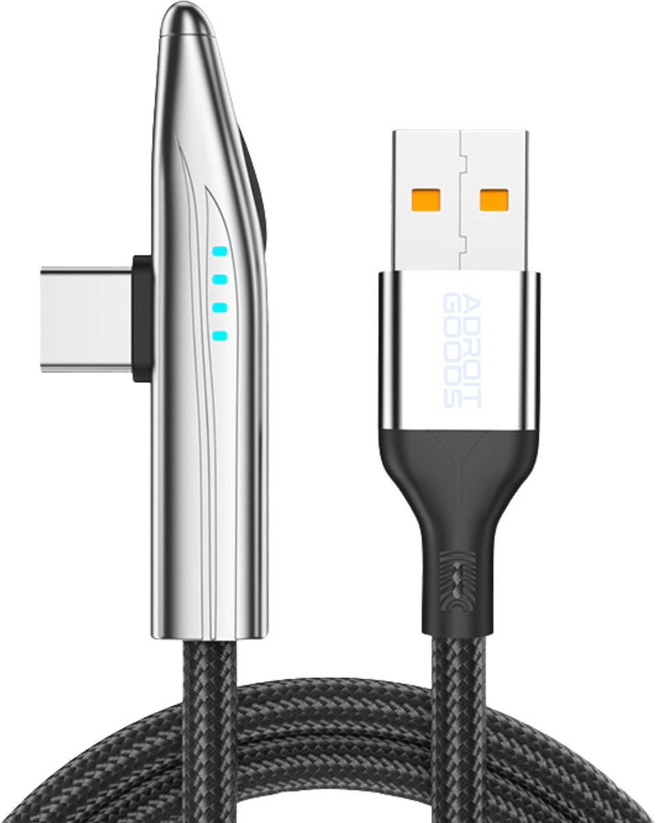 AdroitGoods USB-A naar USB-C Kabel 66W Snellader Gaming Kabel Haakse Plug Nylon Gevlochten Data Kabel - 1,2 m