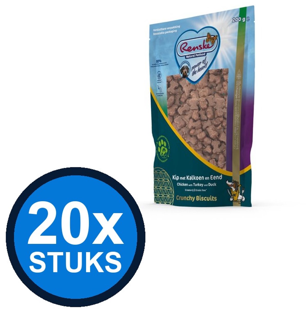 20x Renske - Gezonde beloning hond crunchy kip&kalkoen&eend 200gr - Hondenvoer Snacks - 200 g