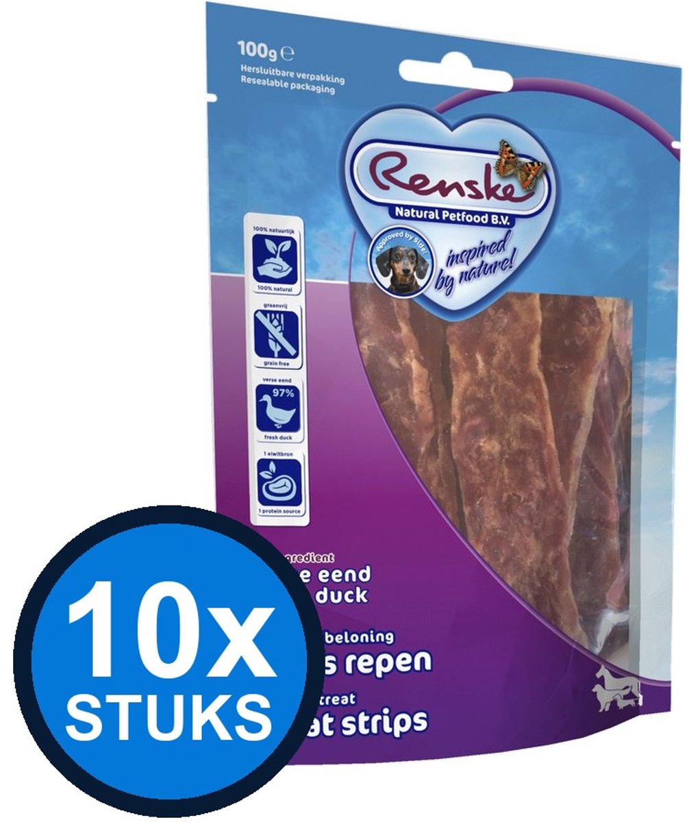 10x Renske - Gezonde beloning vleesrepen hond eend 100gr - Hondenvoer Snacks - 100 g