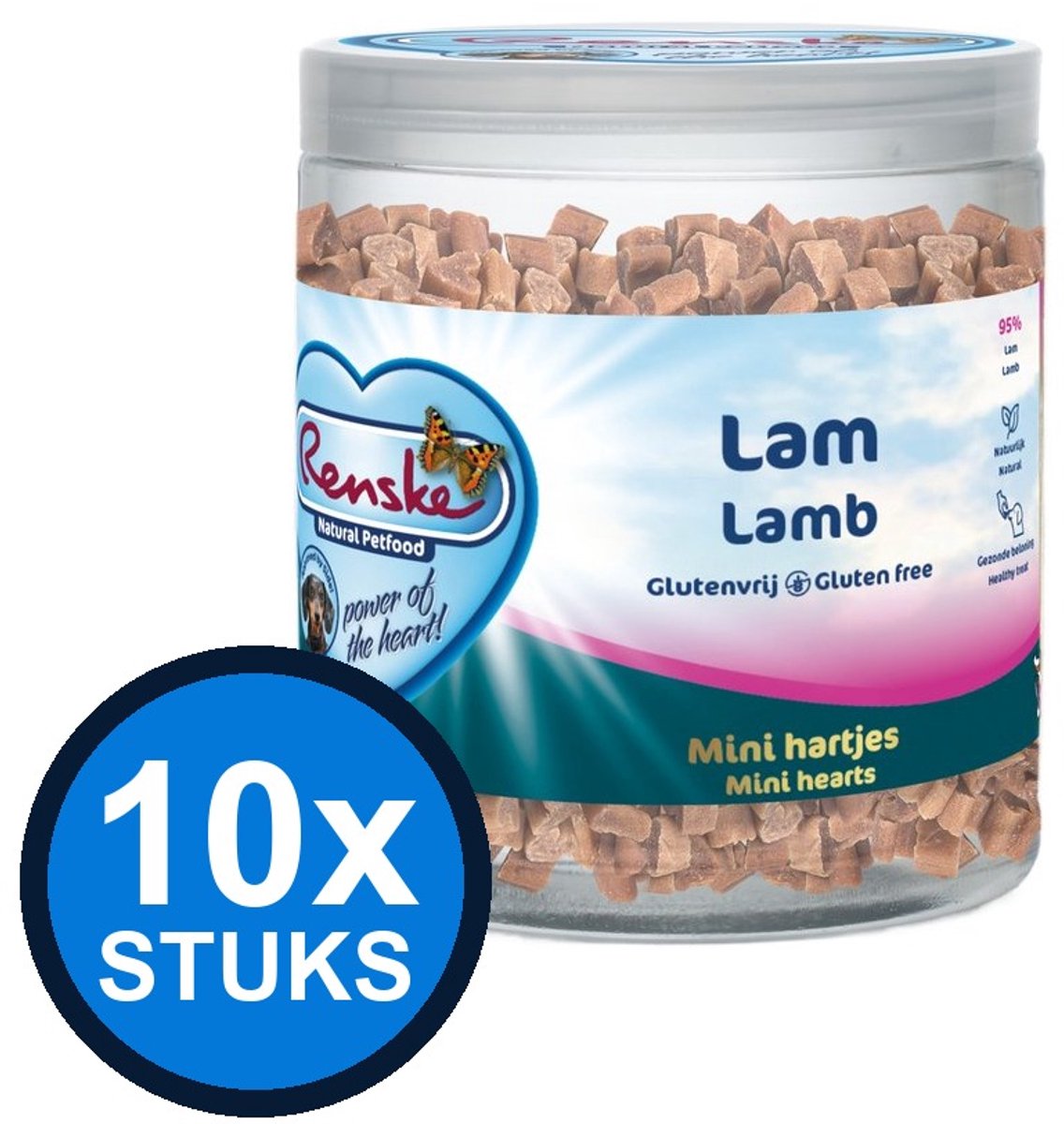 10x Renske - Gezonde beloning mini hartjes hond lam 300gr - Hondenvoer Snacks - 300 g