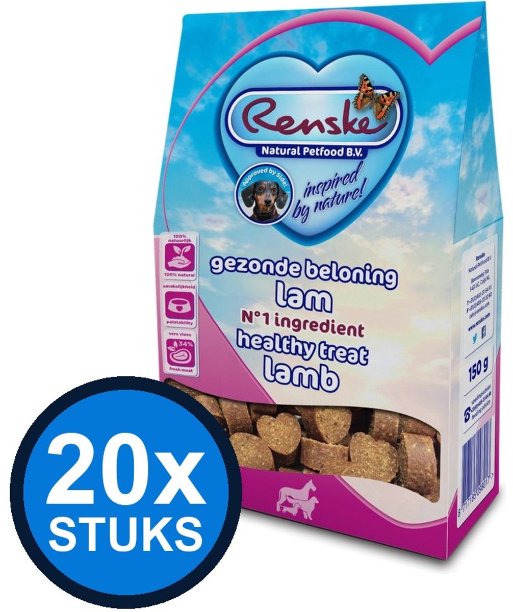 20x Renske - Gezonde beloning hartjes hond lam 150gr - Hondenvoer Snacks - 150 g