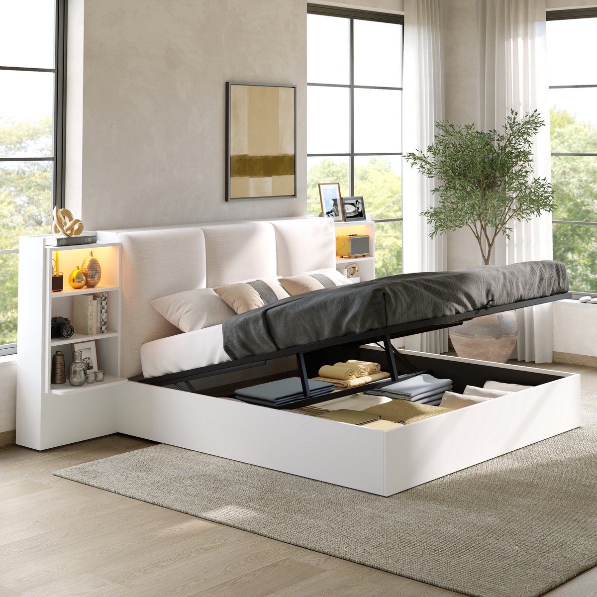 Platformbed 180x200 cm - Tweepersoonsbed Met Gevoerd Hoofdbord, LED-Verlichting En 6 Opbergvakken - Hydraulische Opbergruimte - Zonder Matras - Wit