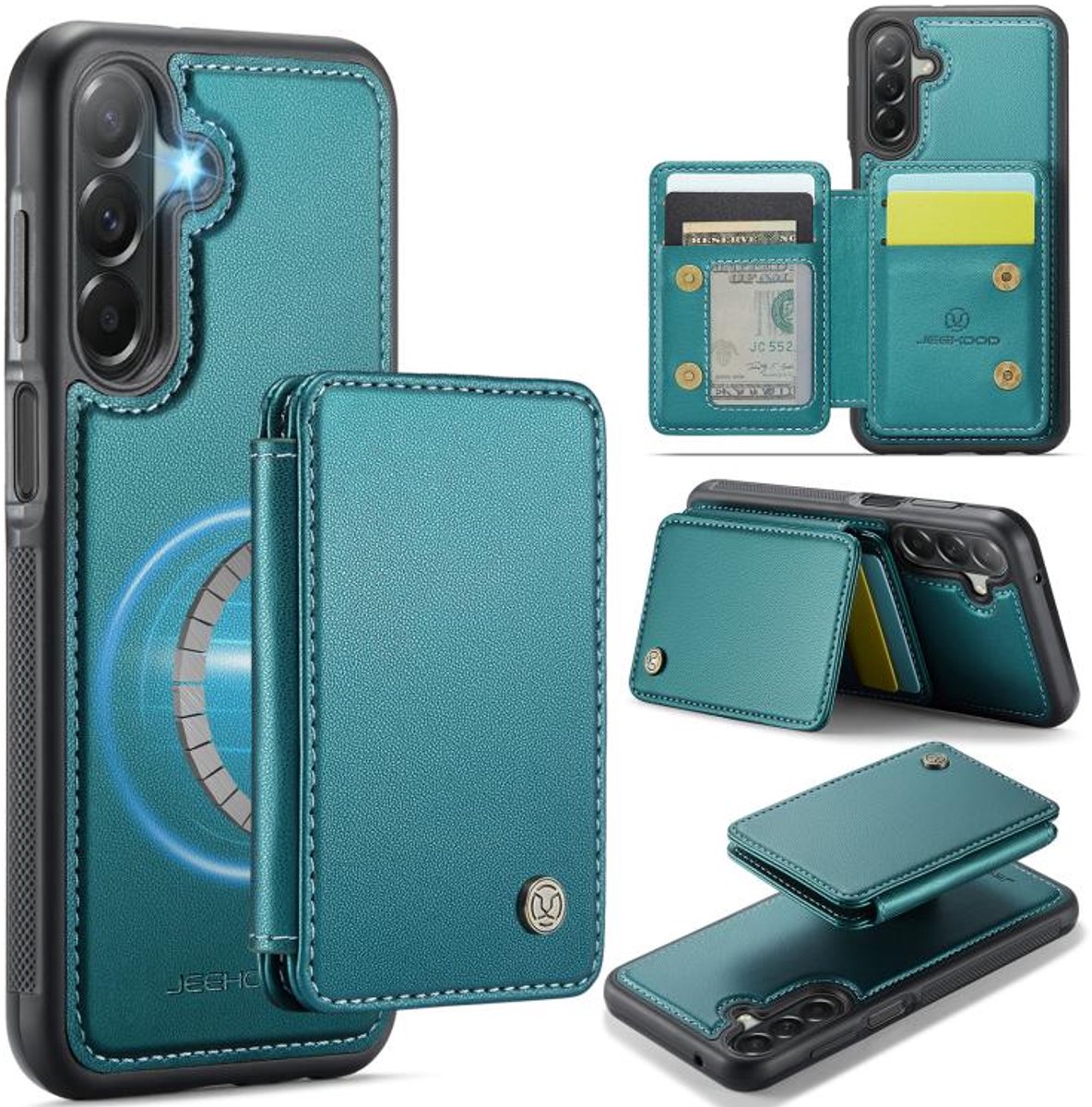 Telefoonhoesje geschikt voor de Samsung Galaxy A27 5G - Silicone TPU en kunst leer - blauw/groen back cover hoesje case met pasjeshouder - 4 pasjes afneembaar - MagSafe functie