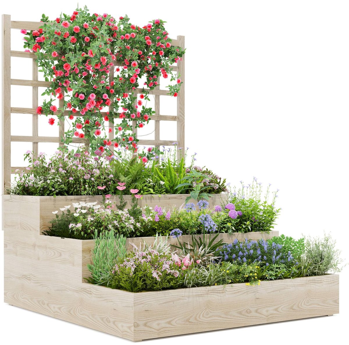 3-laags houten verticale plantenbak met latwerk en open onderkant voor klimplanten, groenten en kruiden – buitenplantenbak voor terras en tuin