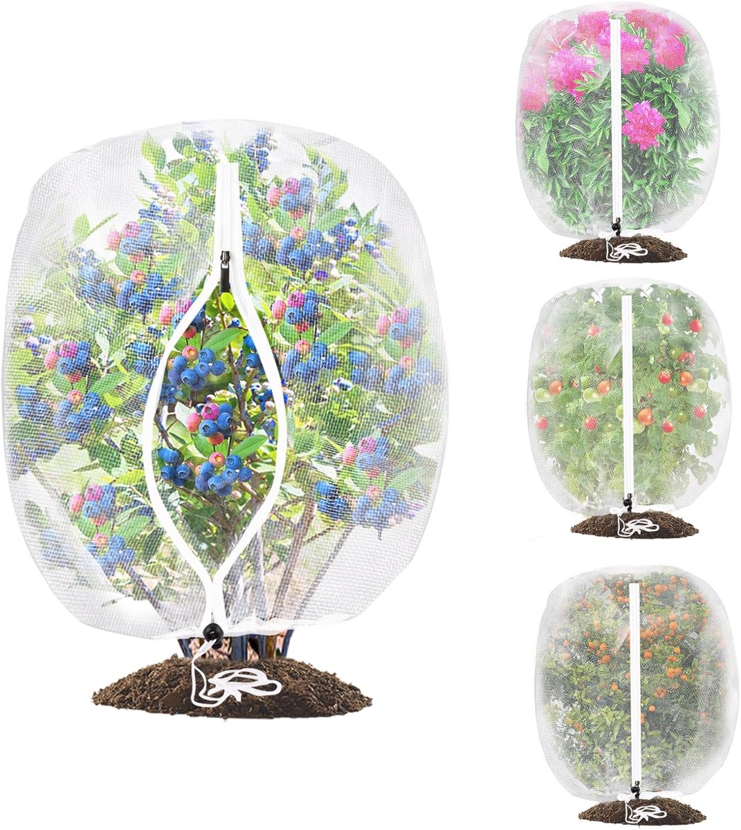 Vierdelig fruitboomnet met trekkoord en ritssluiting, 1,05 x 0,7 meter, blauwbessenstruikennet, insectennet Geschikt voor de tuin, plantennet, bescherming tegen vogels en insecten.