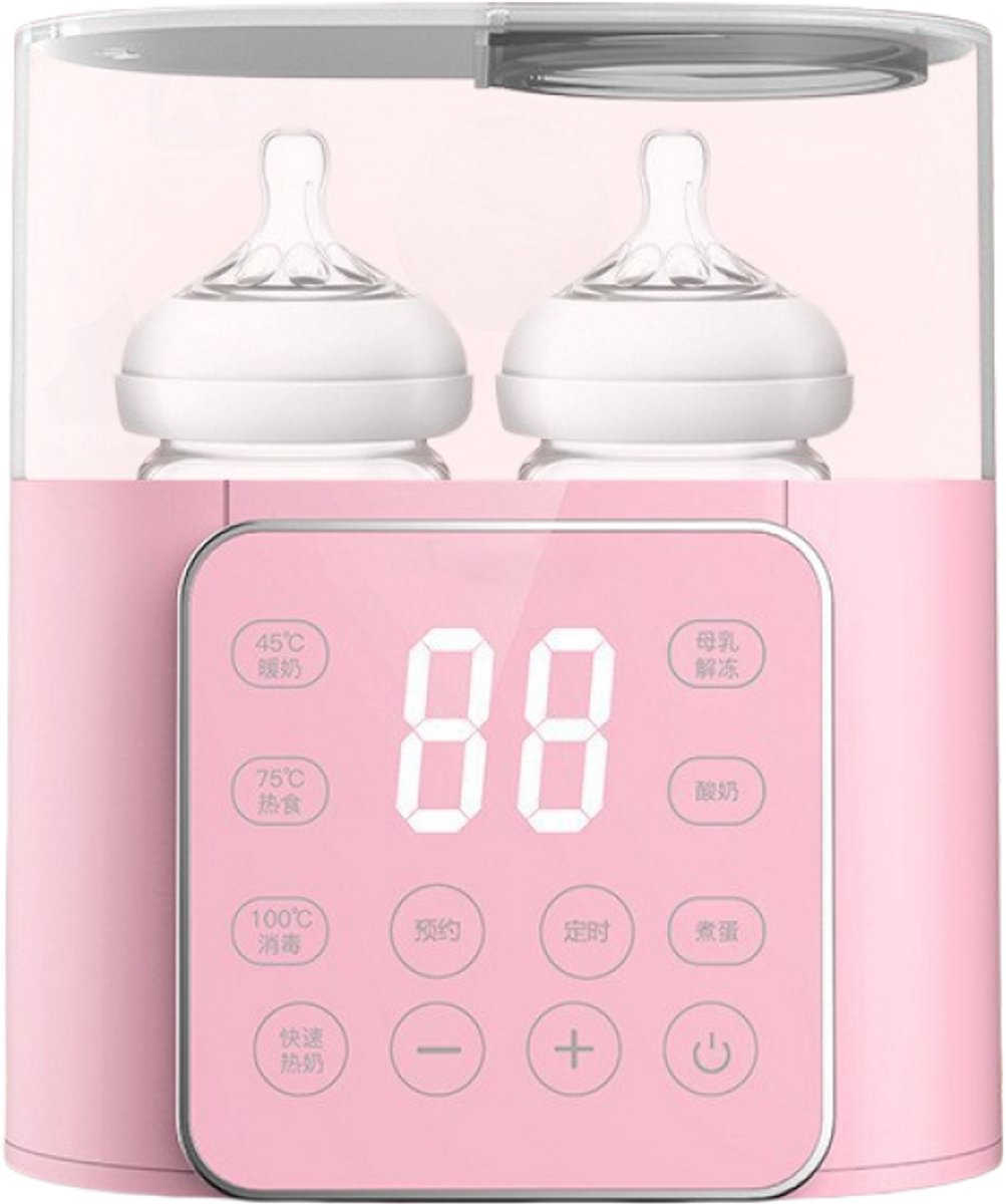 QTTVBTNA -Flesverwarmer - 9-in-1 Babyflesverwarmer - Melkverwarmer - Roze, ontdooien, opwarmen, steriliseren, 24u warmhouden - Voor 2 flessen, LED, touch bediening - Instelbare temp en tijd - Droogkookbeveiliging - Food-grade PP