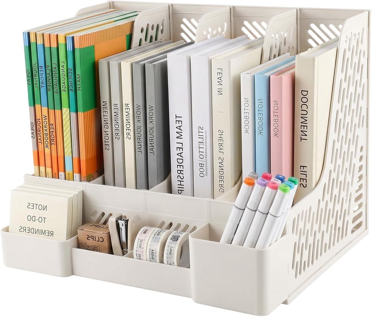 Tijdschriftenhouder met penhouder en 4 vakken, verticale sorteerder voor A4 documenten, tijdschriften en catalogi voor thuis en kantoor (wit)