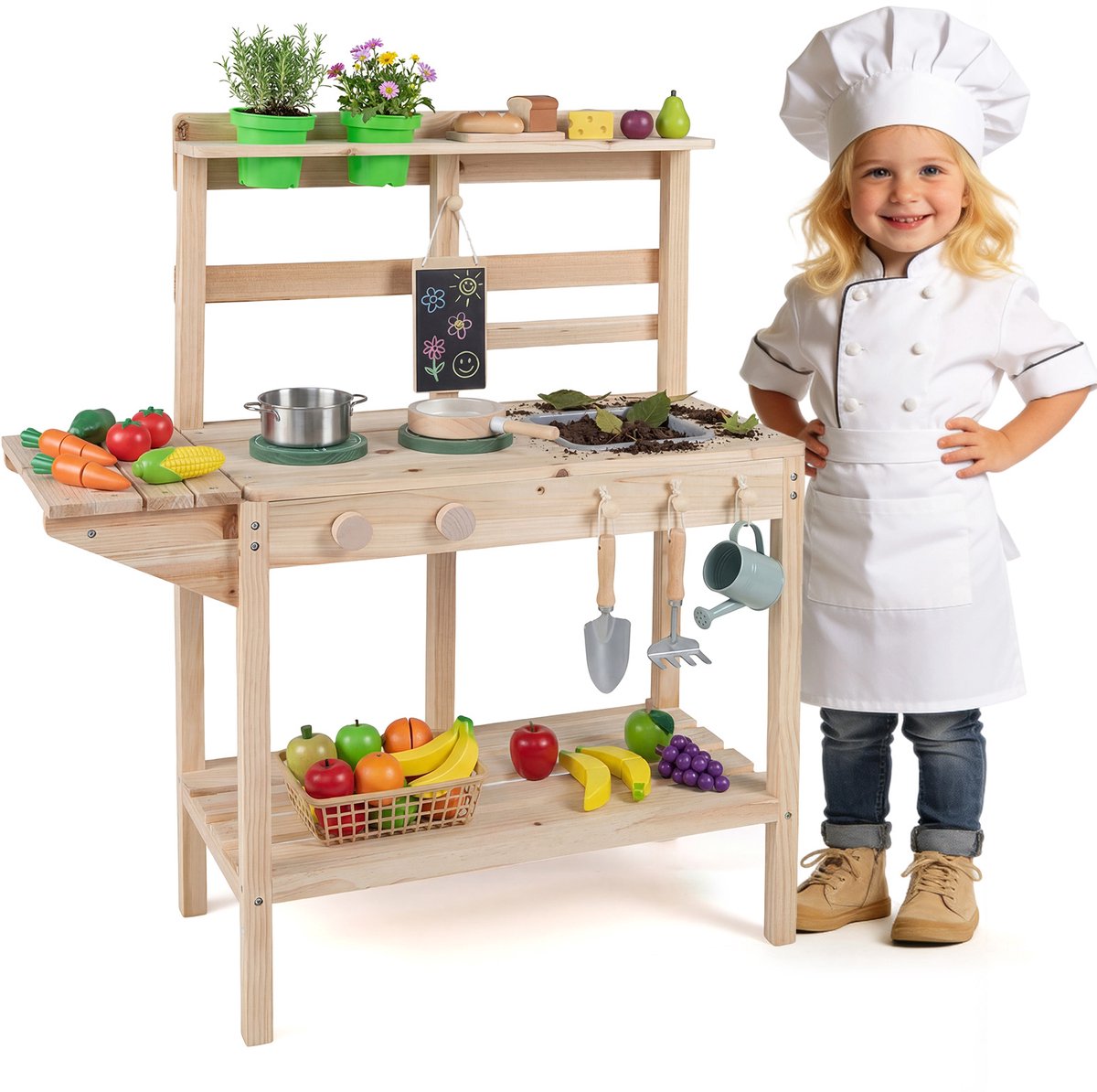 COSTWAY Kindermodderkeuken voor buiten, kinderkeuken met fornuis, gootsteen en tafel, speelkeuken met plantenbakken en haken, tuinkeuken, buitenkeuken voor