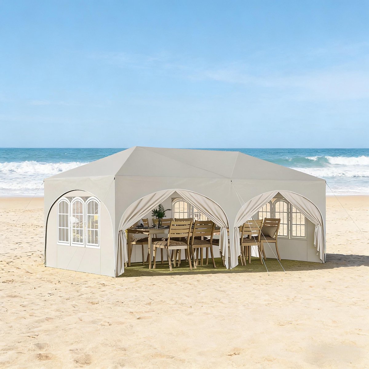 FloraGrace Partytent – 583 x 293 cm – Opvouwbaar En Hoogte Verstelbaar – IJzer En 210D Oxford Stof – Beige – Voor Tuinfeesten – Met 6 Afneembare Zijwanden