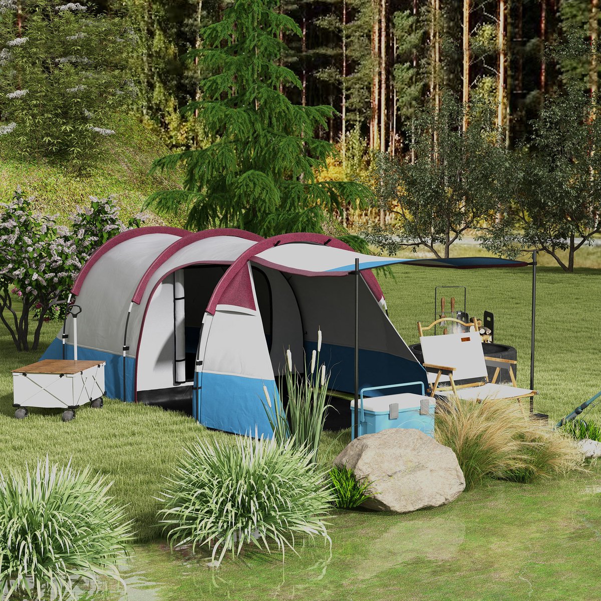 FloraGrace Tunneltent 3 Personen Met 2 Ruimtes En Voortent 420 X 200 X 150 Cm Polyester Rood Voor Kamperen En Tuin Met Lichthaak