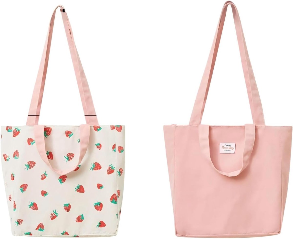 SnelShoppen - Herbruikbare Canvas Tas Dubbelzijdig met Handvatten voor Winkelen, Reizen, Strand en Gereedschap - Aardbei Design, 31x10x31cm