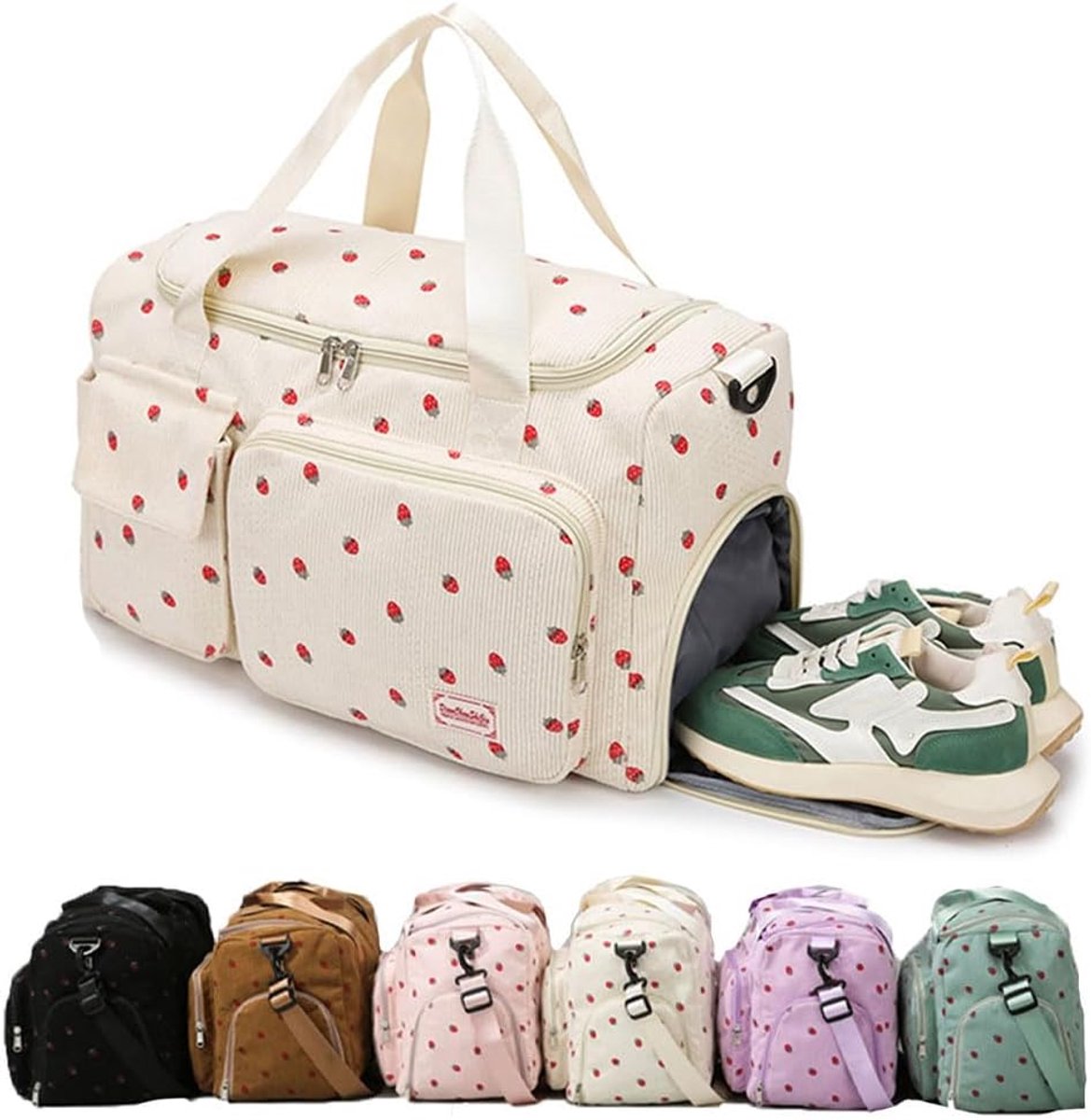 SnelShoppen - Corduroy Aardbei Sporttas Dames, Grote Sporttas met Schoenenvak, Retro Roze Gymtas, Ideaal als Zwemtas en Reistas voor Fitness en Sport
