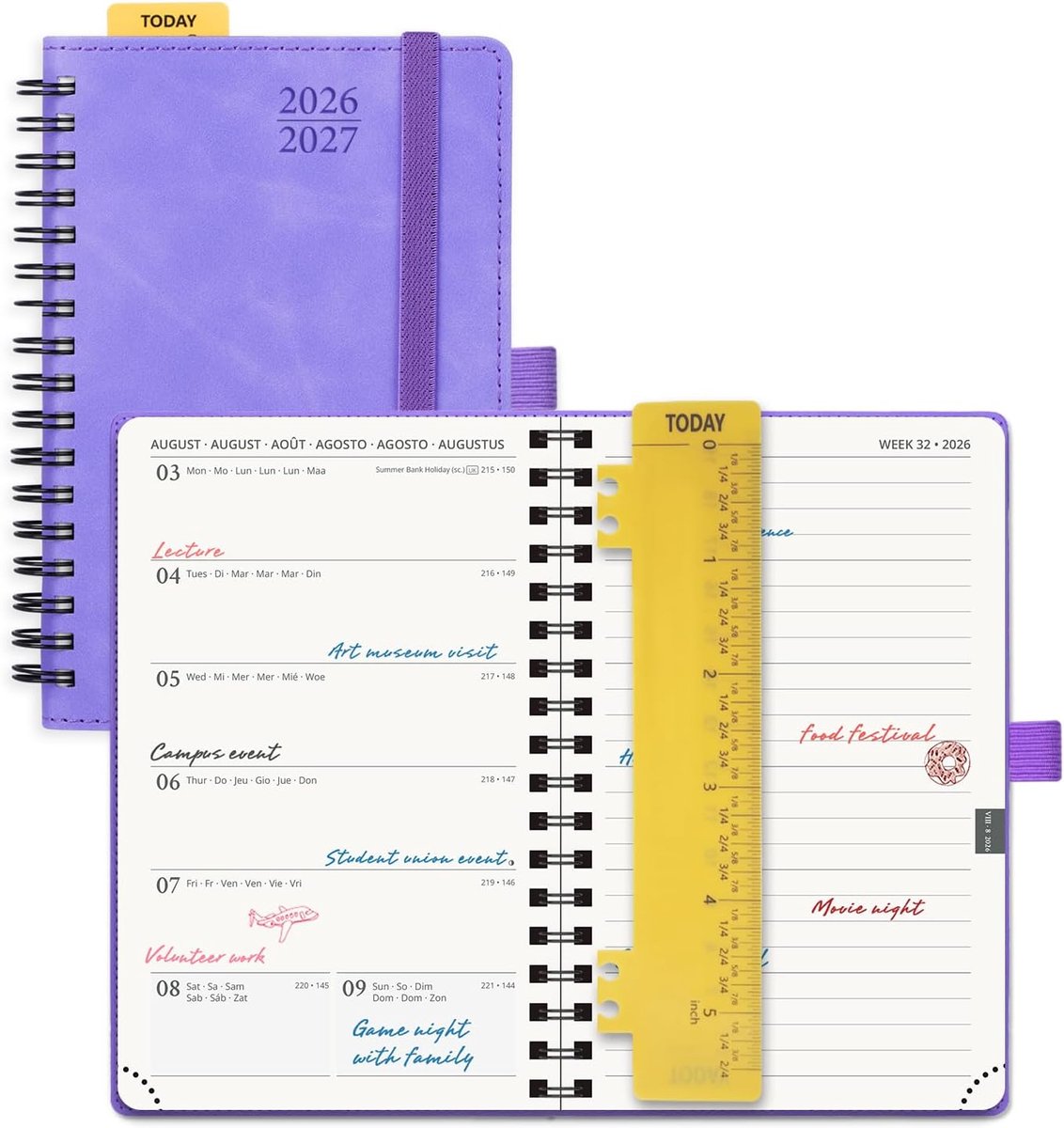 SnelShoppen - Agenda Pocket 2026 2027 A6 Weekplanner en Notitieboek - 16x10.5 cm, Zacht Spiral Binding, 80 GSM Paper, Regelaar, Lilac Paars, Perfect v