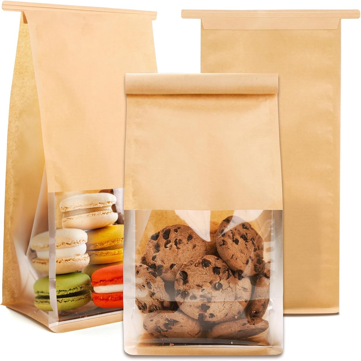 60 Stuks Papieren Bakkerijzakjes met Venster - 10x13x28 cm - Met Sluitkoord - Voor Koekjes - Brood- Snoep en Snacks