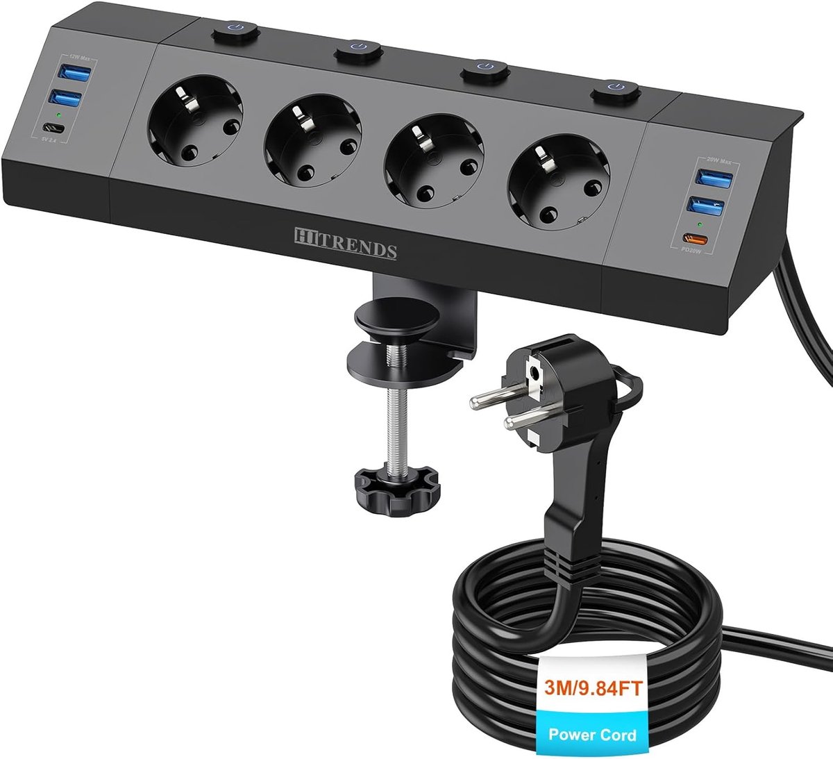 SnelShoppen - 4-Weg Tafel Stopcontact met USB C (PD 20W), Bureau Hoekstekker met 3m Kabel, Zwart, Ideaal voor Thuiswerk en Kantoor
