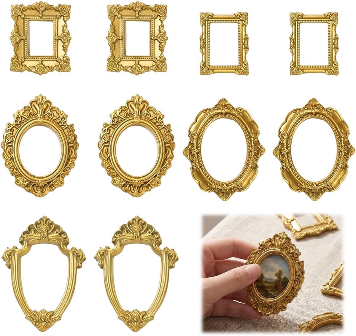 SnelShoppen - 10 Stuks Gouden Vintage Fotolijsten Klein, Mini Fotolijst van Kunsthars, Ovaal en Vierkant, Wandophanging en Tafeldisplay, Vintage Decor